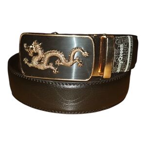 Gold Dragon Buckle Black Leather Belt